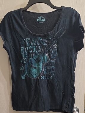 Mudd Black Tee with Teal Guitar Graphic Size XL